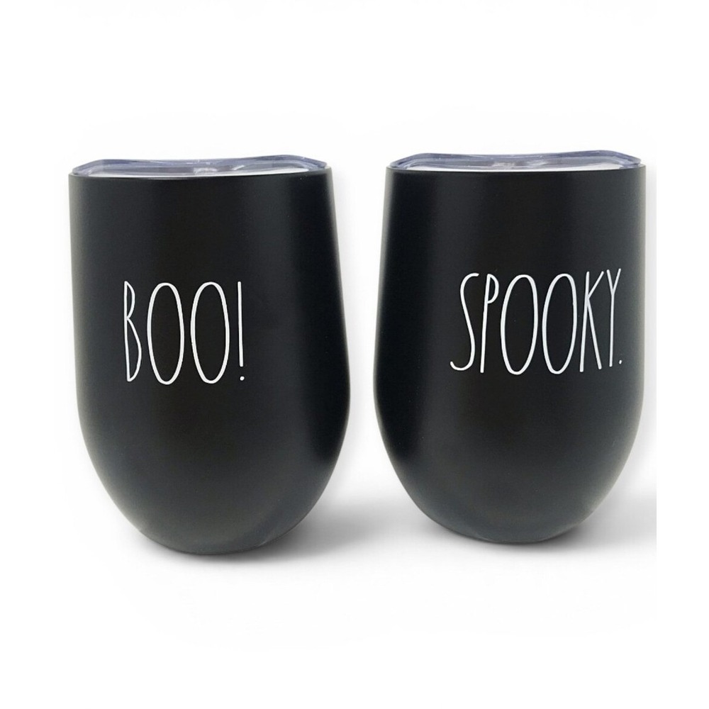 Rae Dunn Black Boo And Spooky Insulated Stemless Wine Tumblers Set Halloween